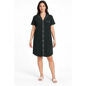 Soma Cool Nights Sleep Shirt Dress Button Front Short Sleeve Dark Green L